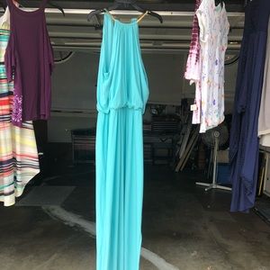 EUC womans maxi dress with gold neck line size XL